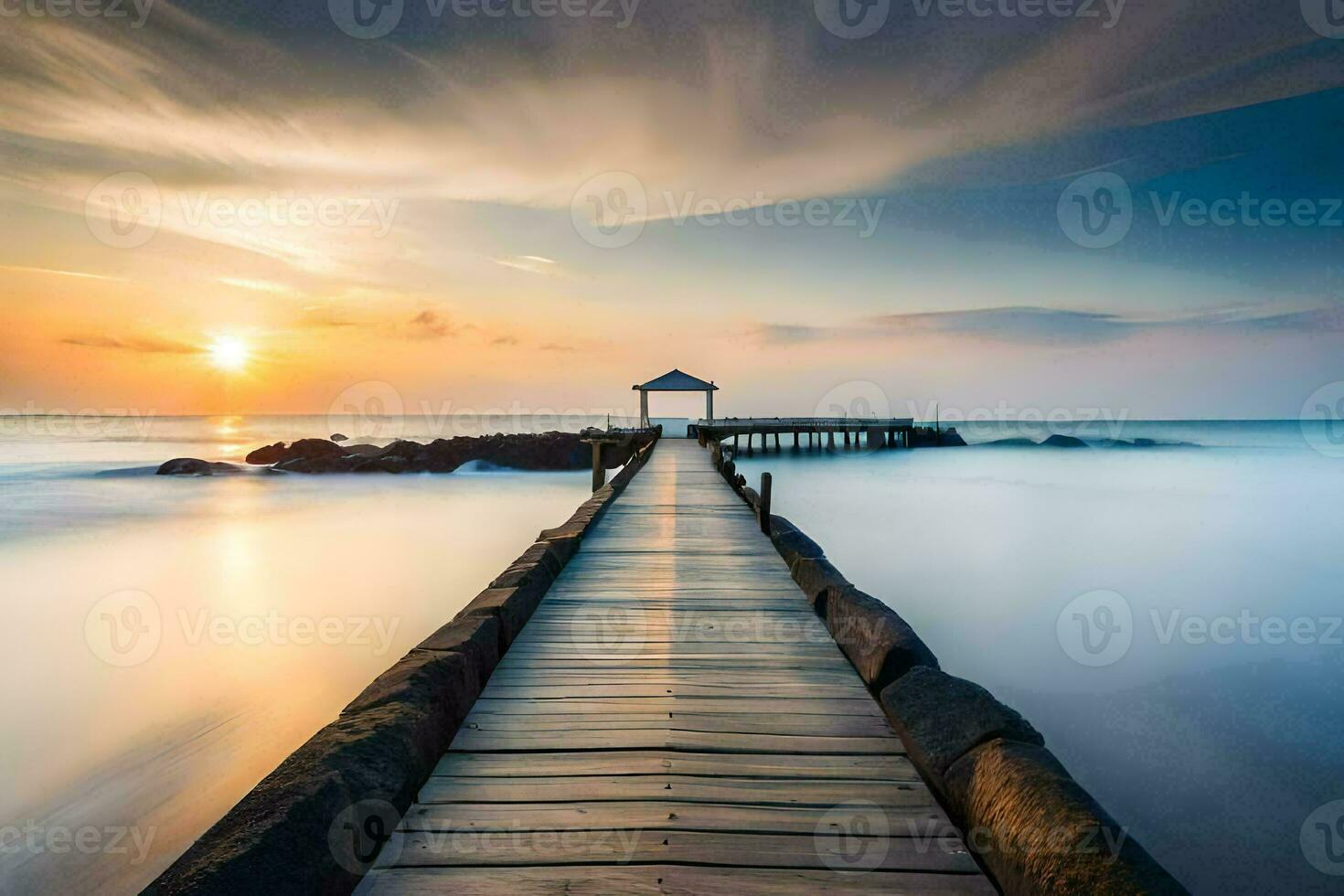 a long exposure photograph of a pier at sunset. AI-Generated photo