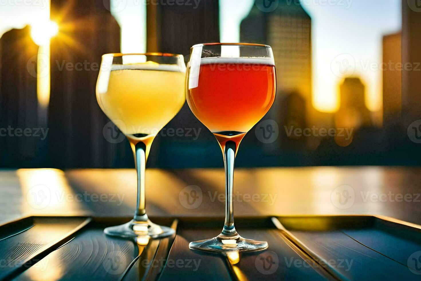two glasses of wine on a table with city skyline in the background. AI-Generated photo