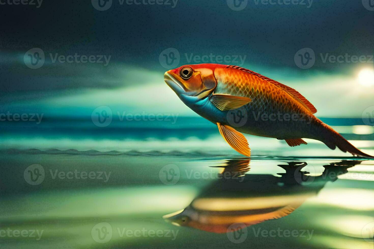a fish is standing in the water at sunset. AI-Generated photo