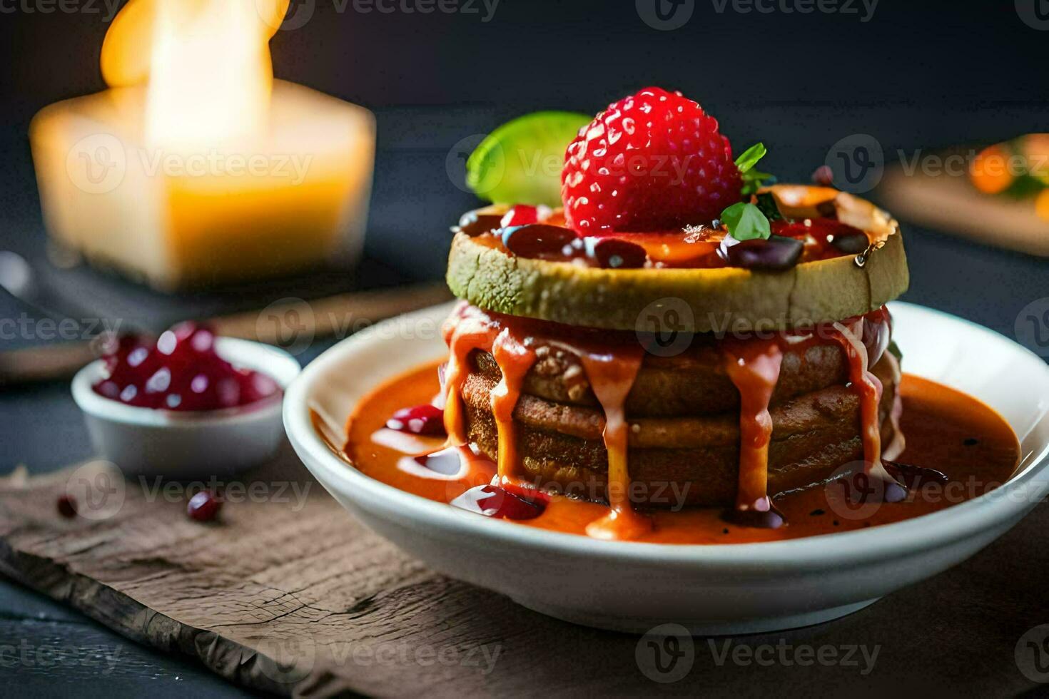 a plate of pancakes with sauce and berries. AI-Generated photo