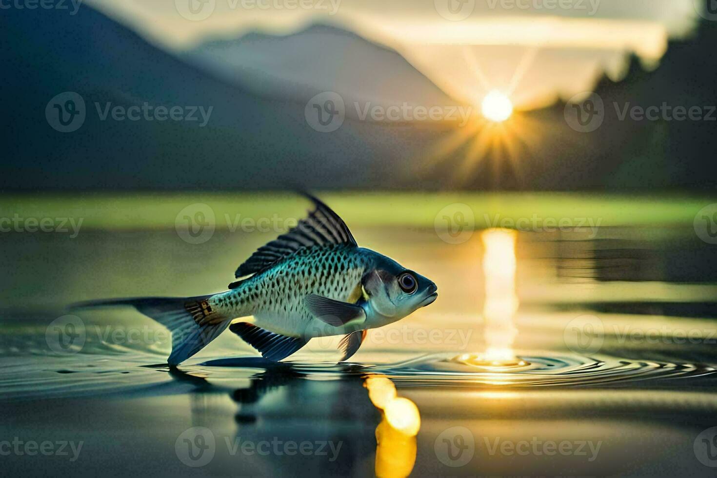 a fish is standing on the water at sunset. AI-Generated photo