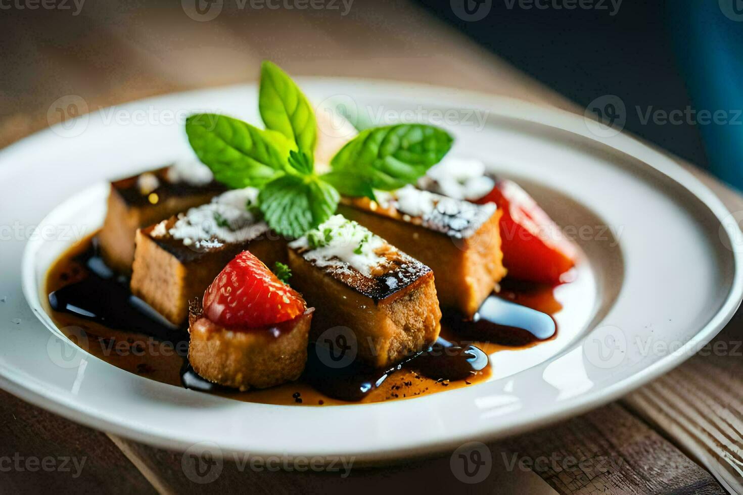 a plate of tofu with strawberries and mint. AI-Generated photo