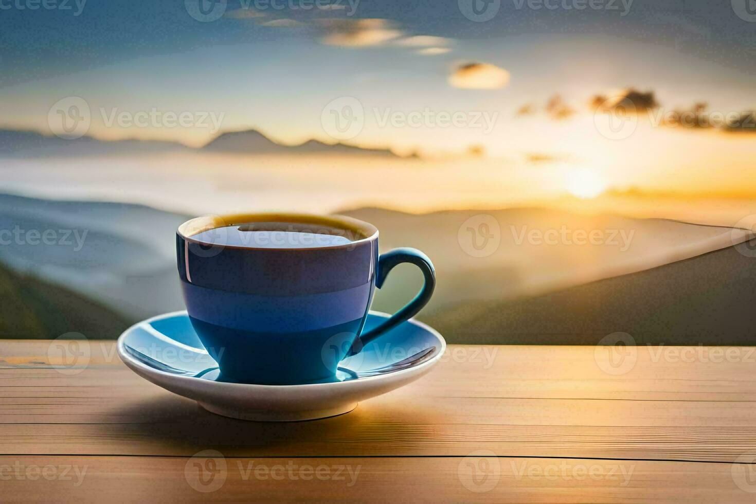 a cup of coffee on a wooden table in the mountains. AI-Generated photo