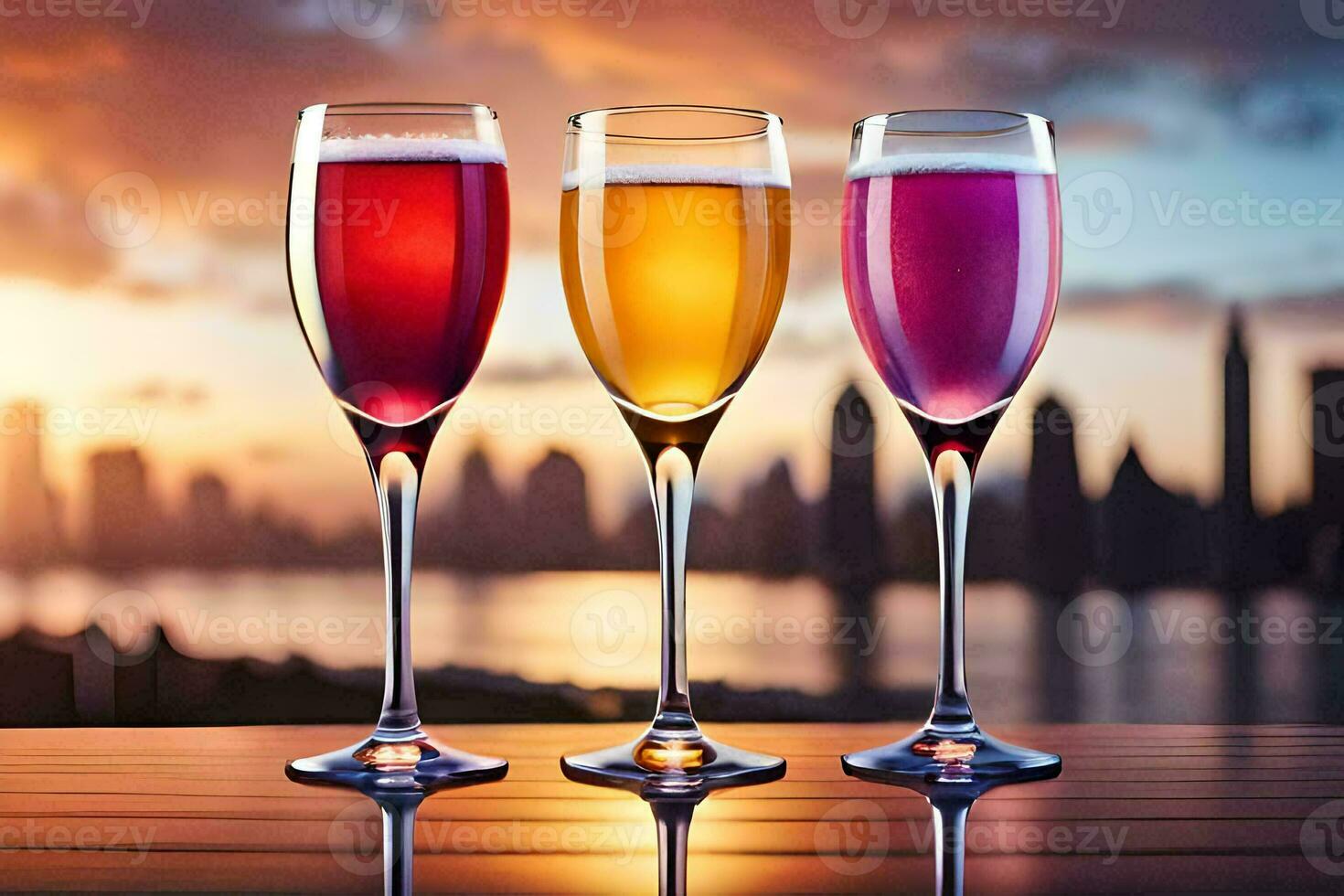 three glasses of champagne with a city skyline in the background. AI-Generated photo