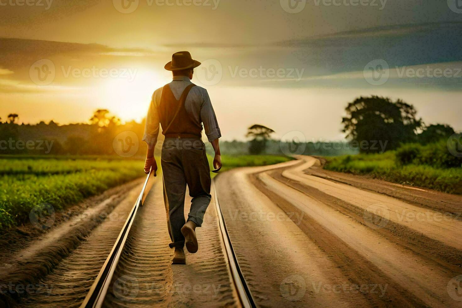 a man walking on the railroad tracks at sunset. AI-Generated photo