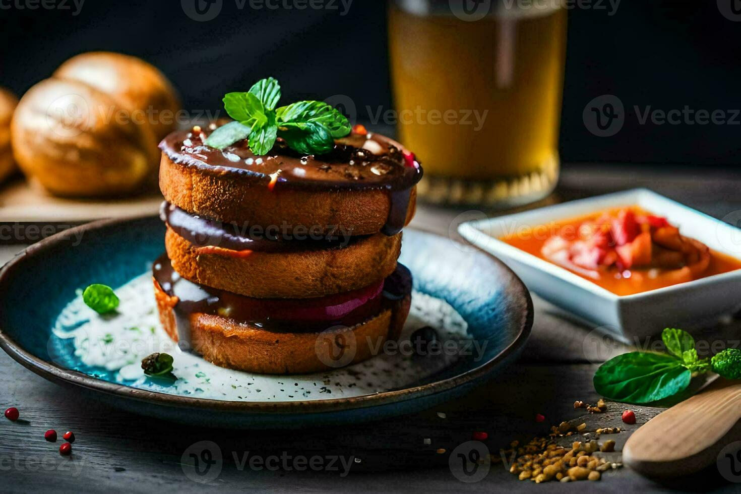 a stack of pancakes on a plate with a glass of beer. AI-Generated photo