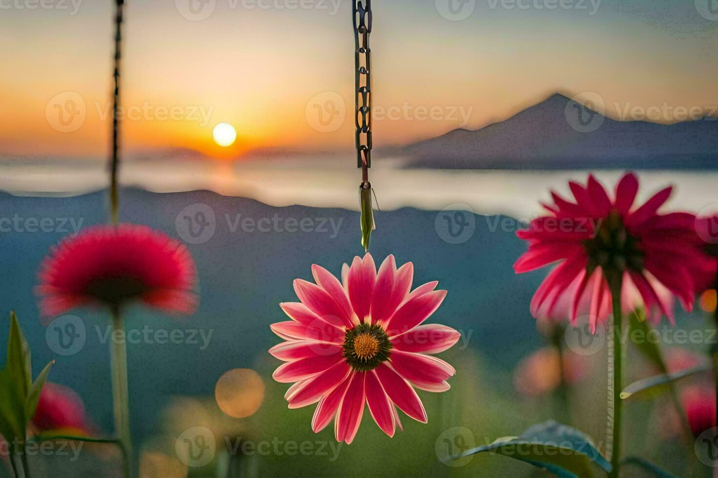 pink flowers are hanging from a chain in front of a sunset. AI-Generated photo