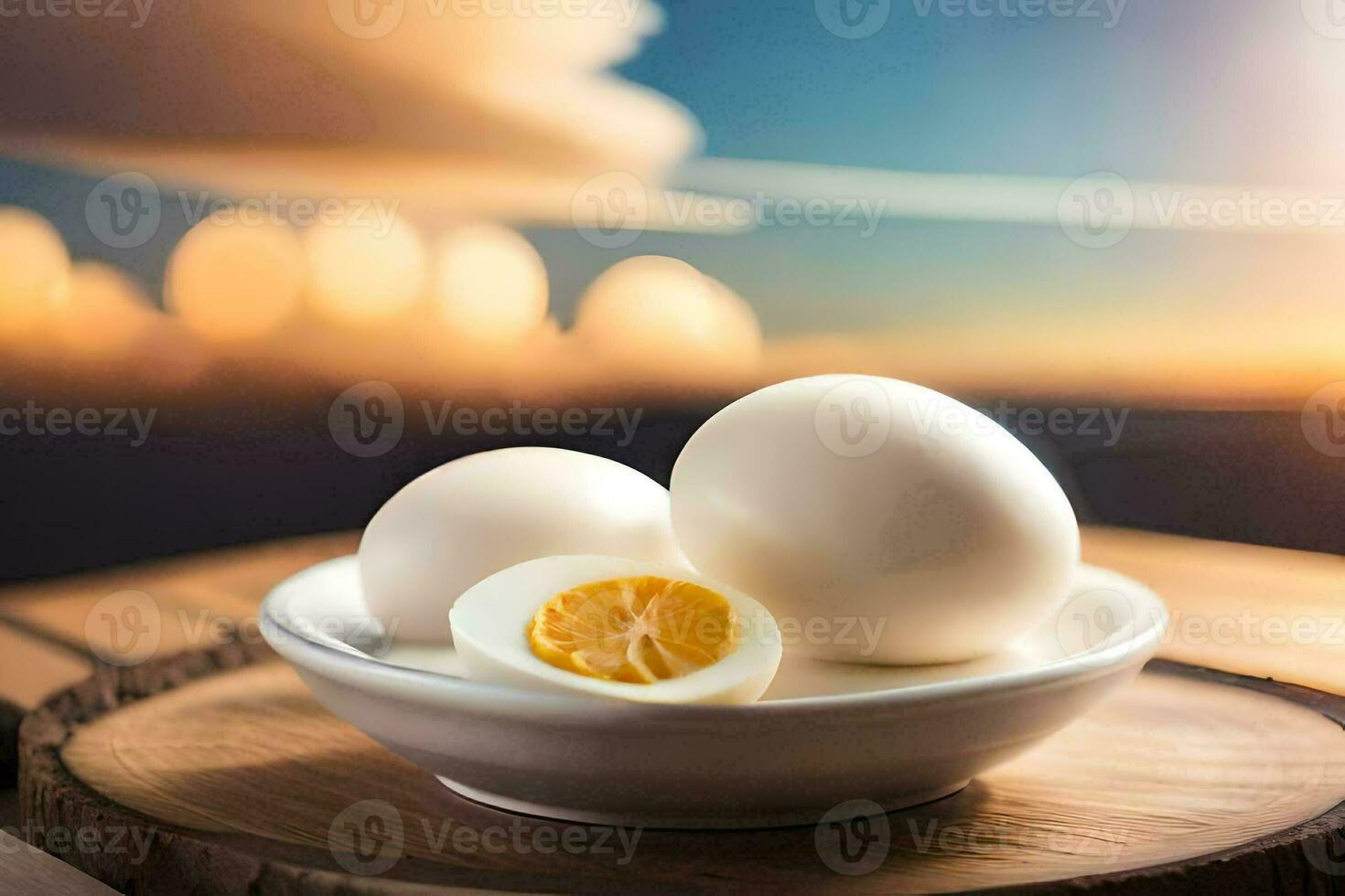 two hard boiled eggs in a bowl on a table. AI-Generated photo