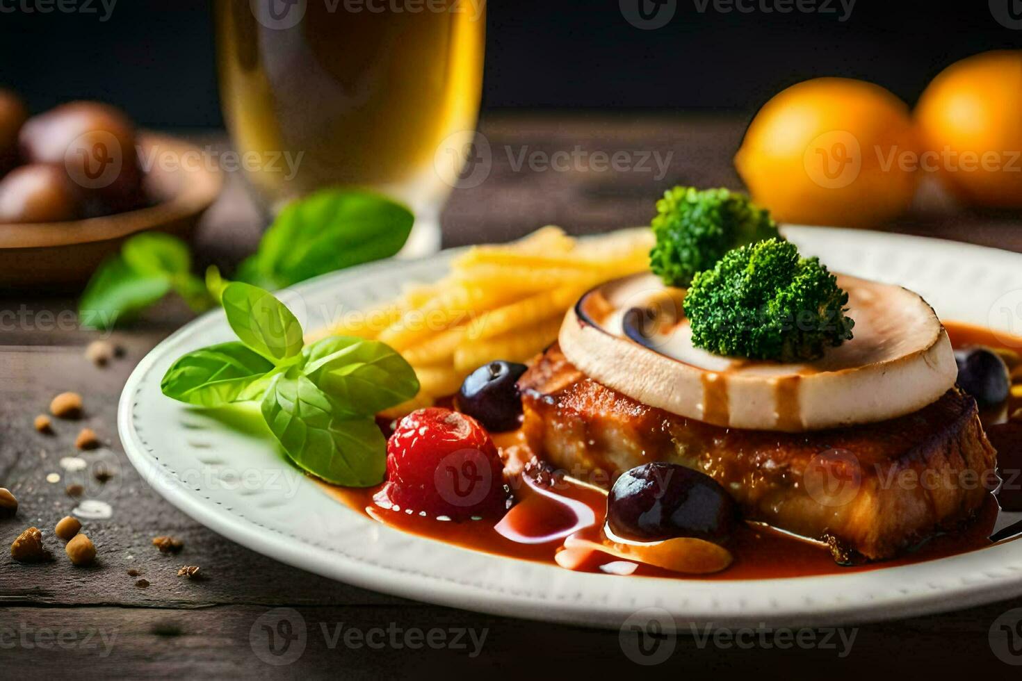 a plate with food and a glass of beer. AI-Generated photo