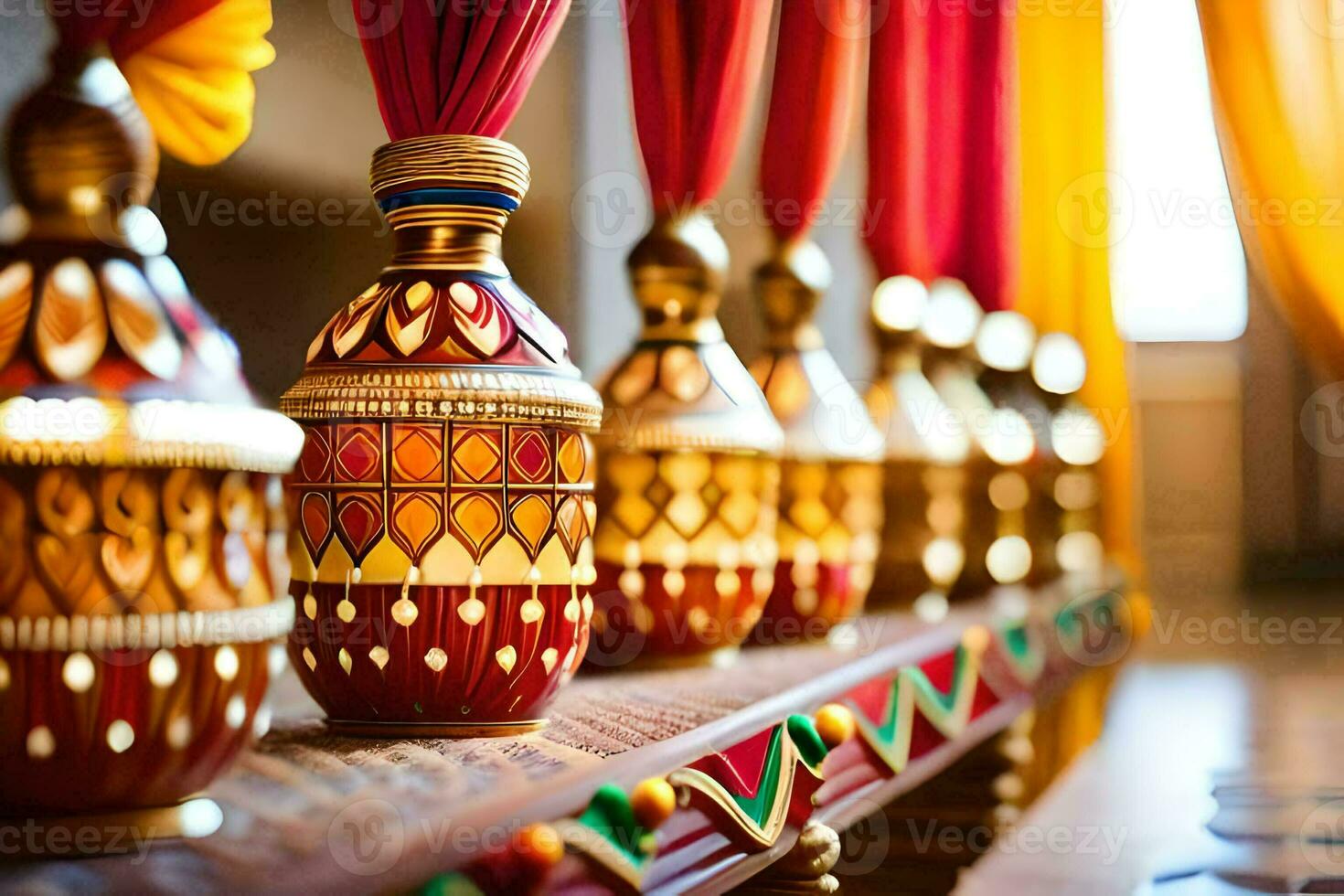 a row of colorful vases on a wooden shelf. AI-Generated photo