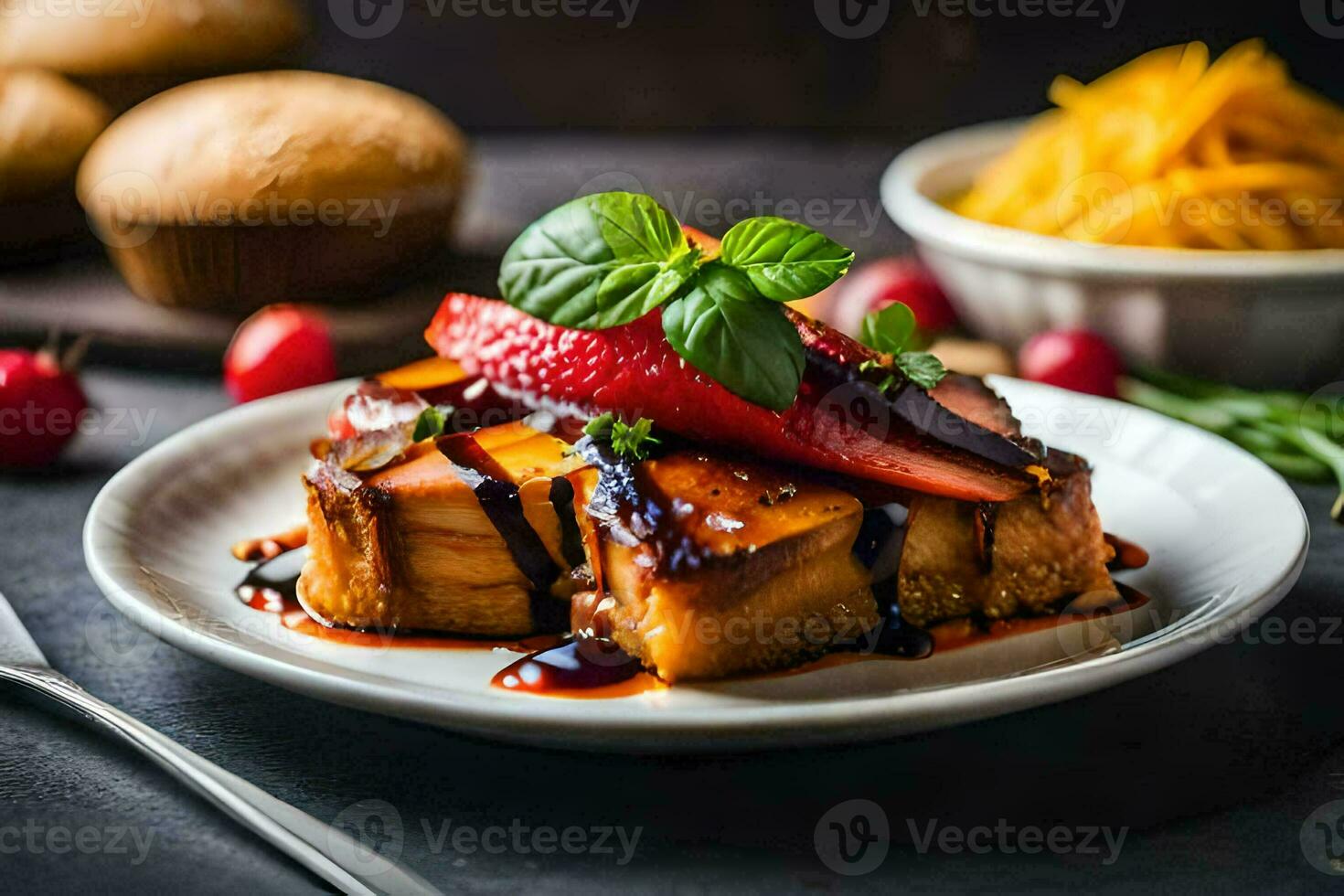 a plate with a slice of bread topped with strawberries and balsamic. AI-Generated photo