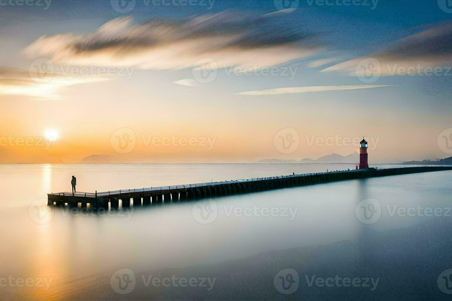 a long exposure photograph of a lighthouse at sunset. AI-Generated photo