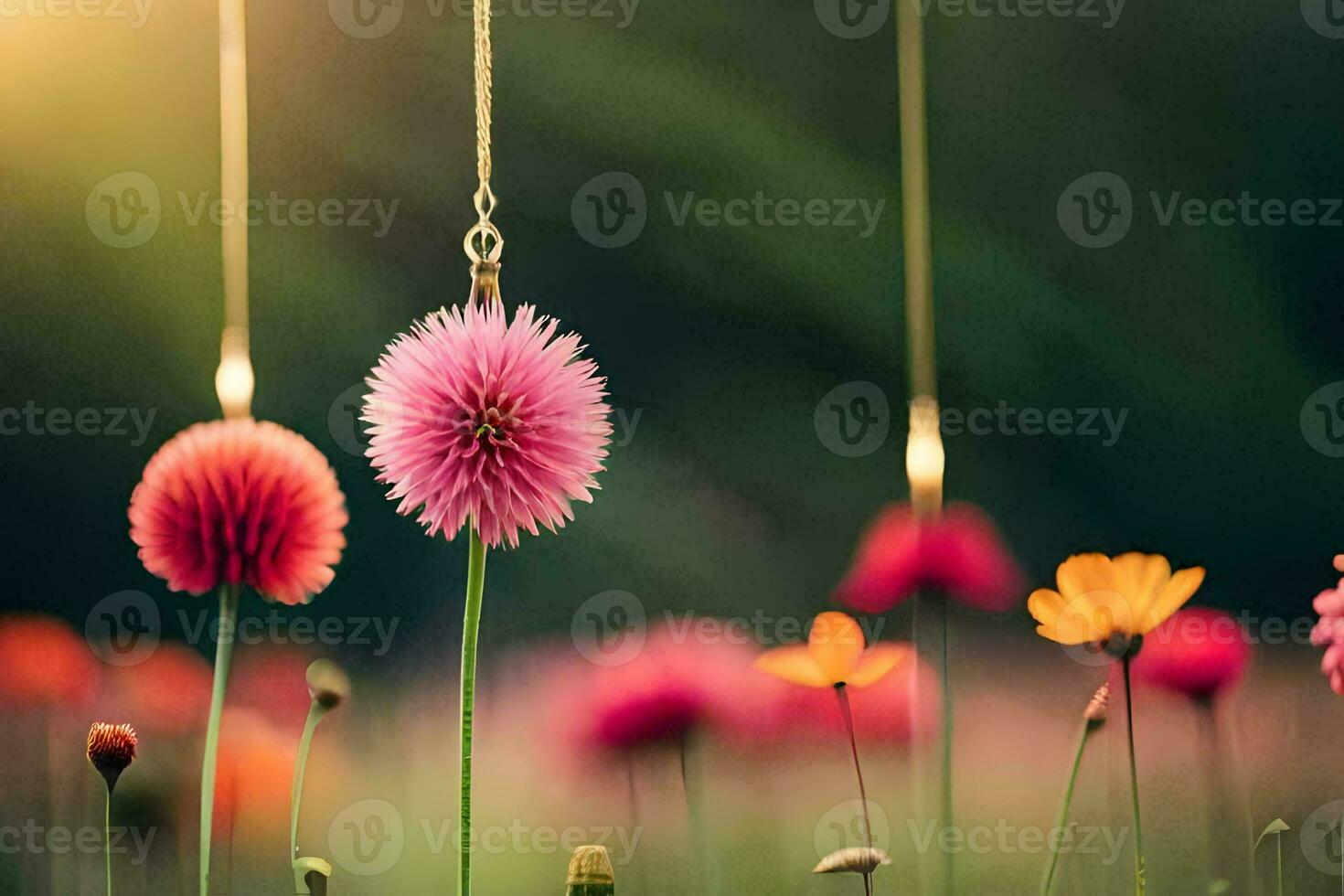 flores colgando desde un cuerda en un campo. generado por ai foto