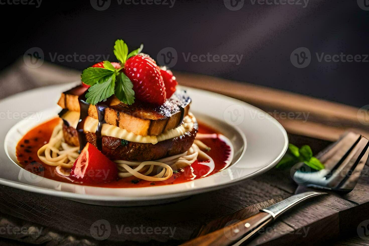 the food is served on a plate with a fork and a knife. AI-Generated photo