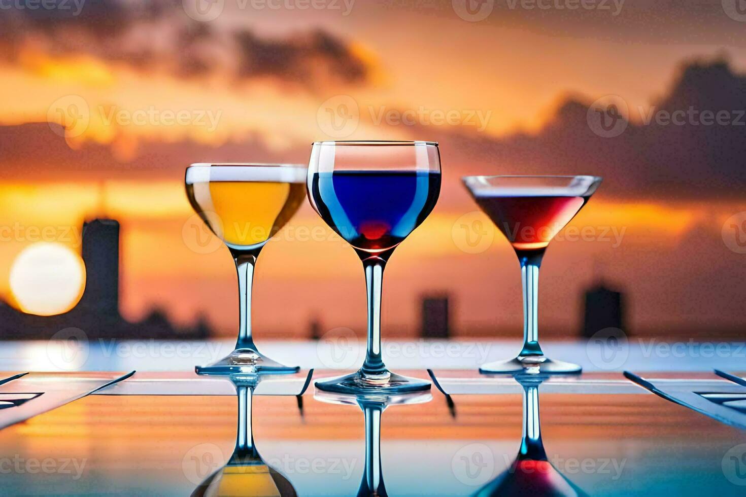 three glasses of wine on a table with a sunset in the background. AI-Generated photo
