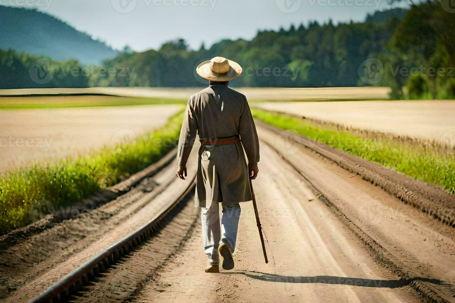 a man in a hat and coat walking down a dirt road. AI-Generated photo