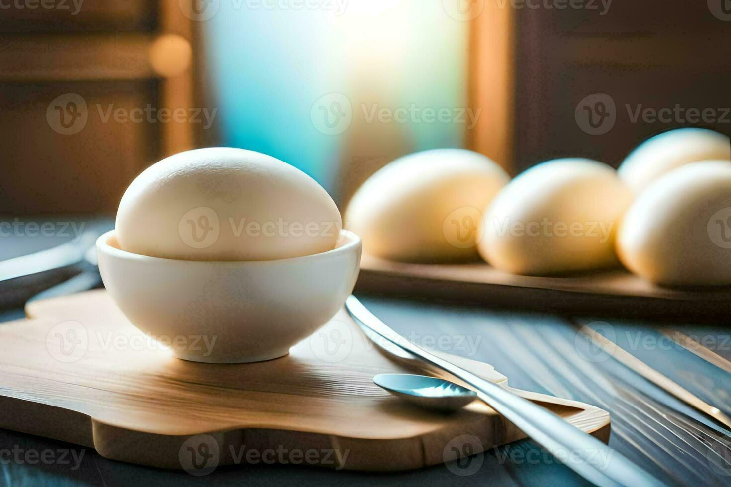 eggs in a bowl on a cutting board. AI-Generated photo