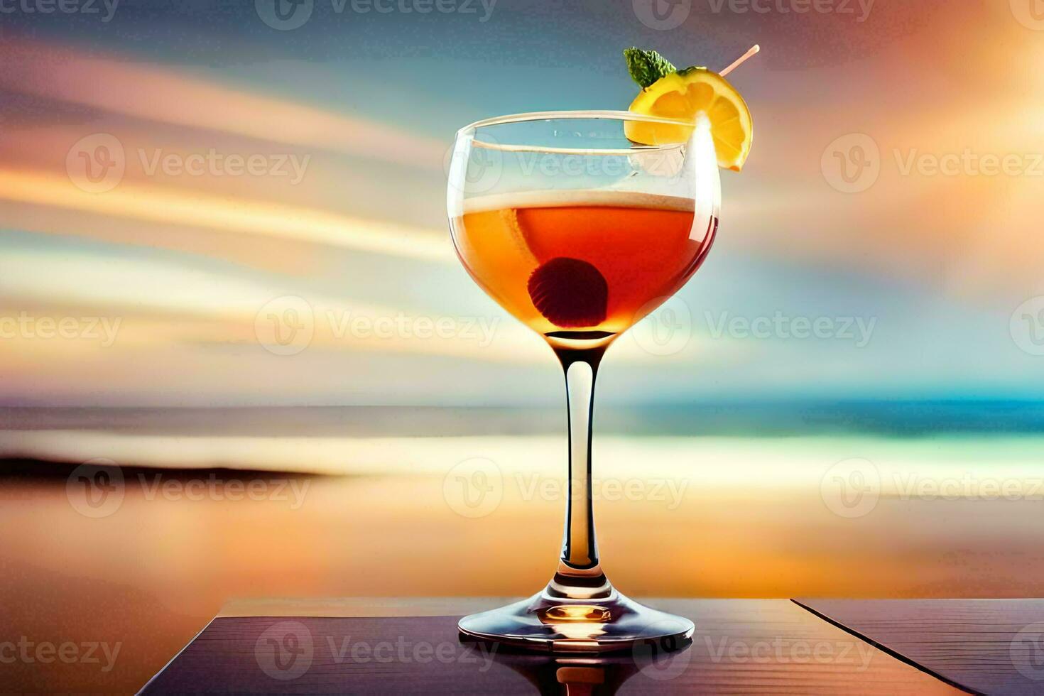 a cocktail on a table with the ocean in the background. AI-Generated photo