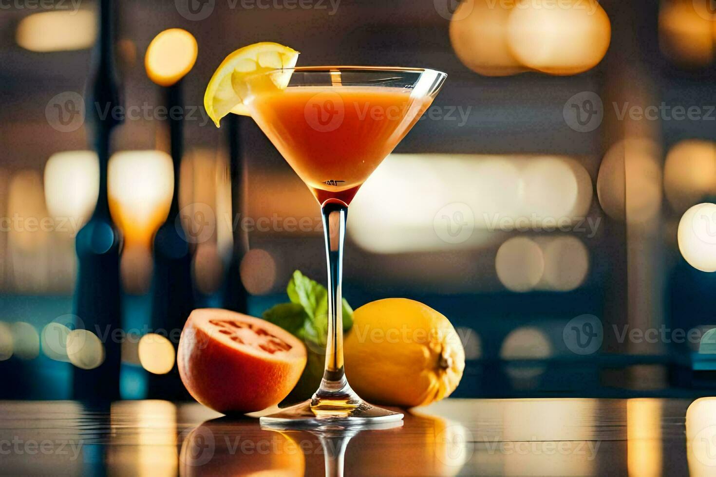 cocktail with orange and lemon on a table. AI-Generated photo