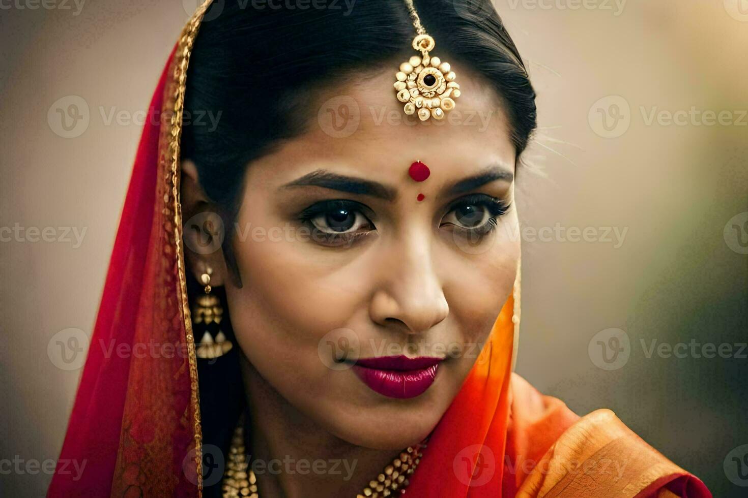 a beautiful indian woman wearing a red sari. AI-Generated photo