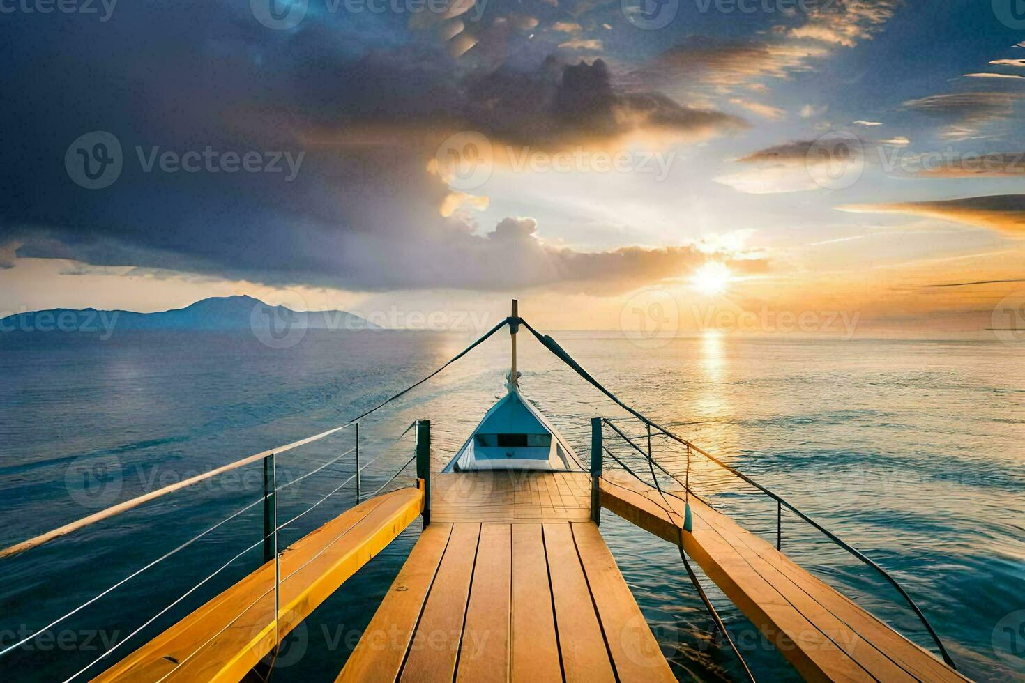a wooden dock leads to the ocean at sunset. AI-Generated photo