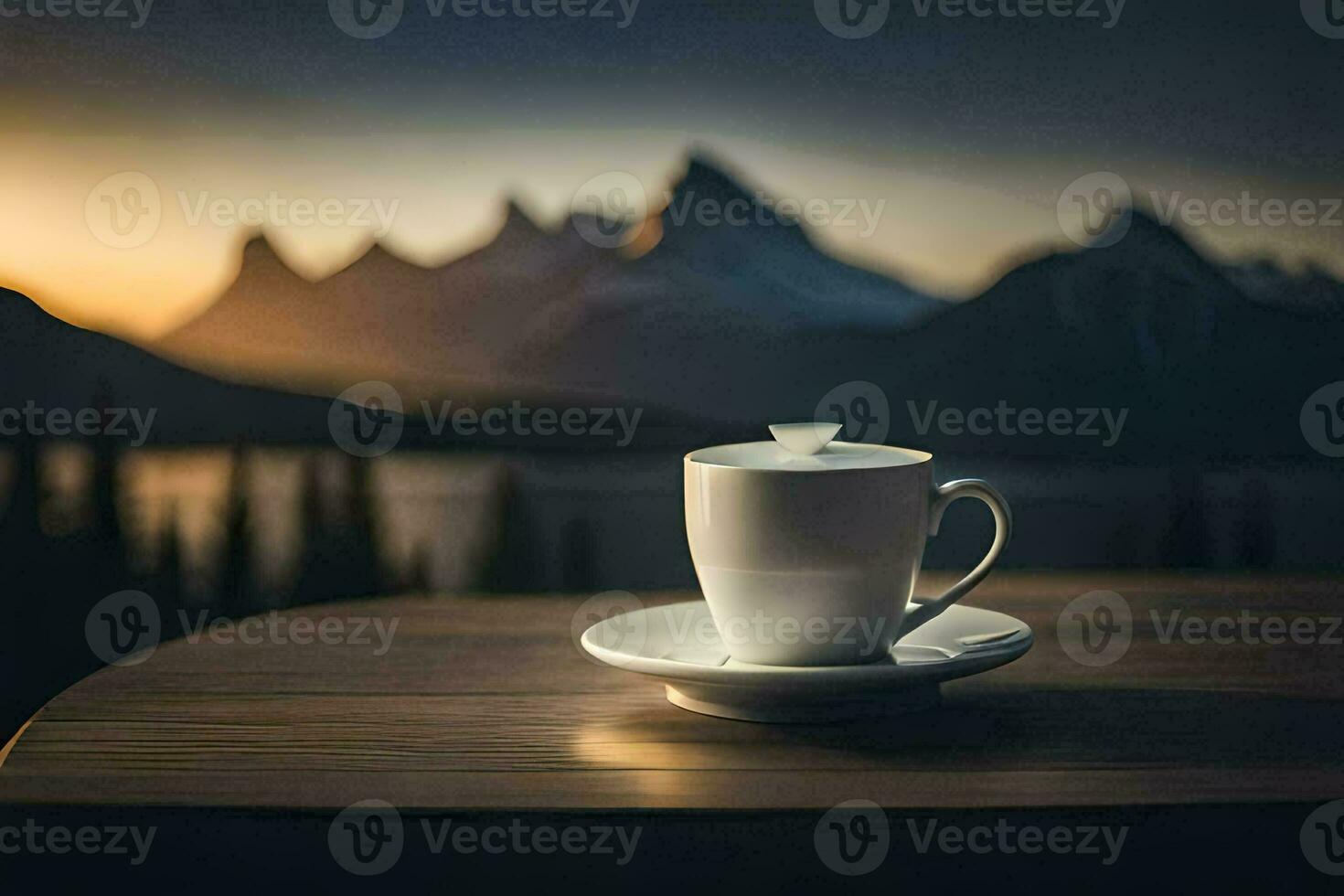 coffee cup on a table with mountains in the background. AI-Generated photo