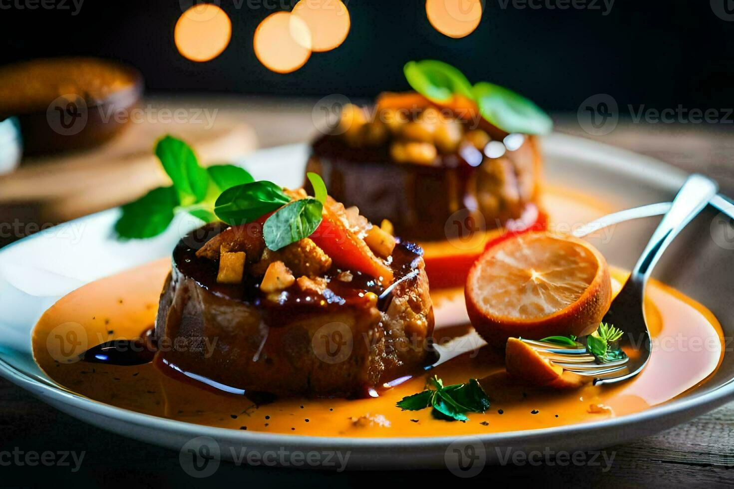 two stuffed meatballs on a plate with orange slices. AI-Generated photo