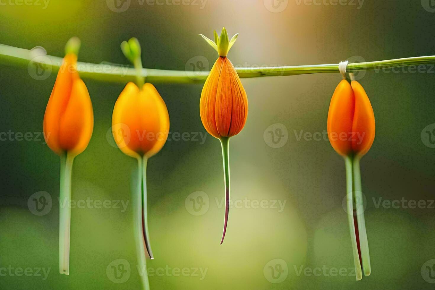 four orange flowers hang from a branch. AI-Generated photo