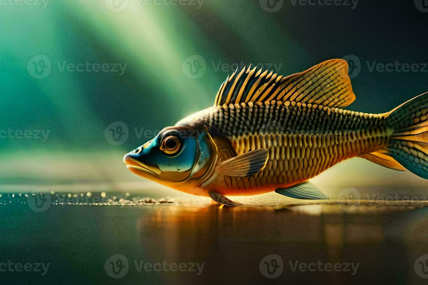 un pescado es mostrado en el agua con luz de sol. generado por ai foto