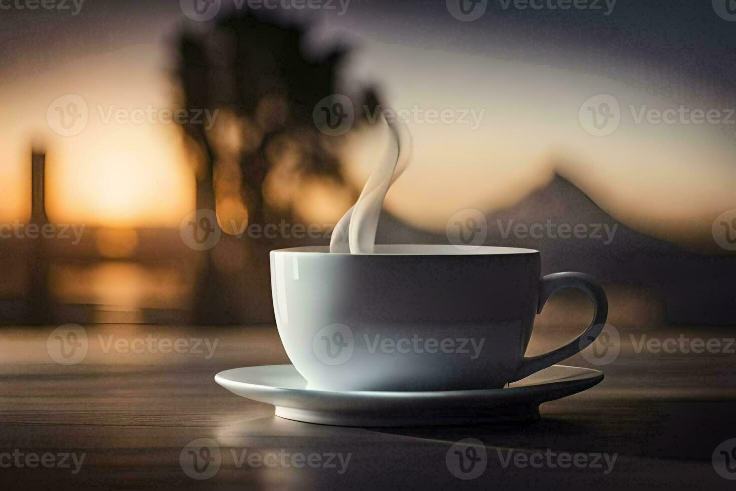 a cup of coffee on a table with a view of the sunset. AI-Generated photo