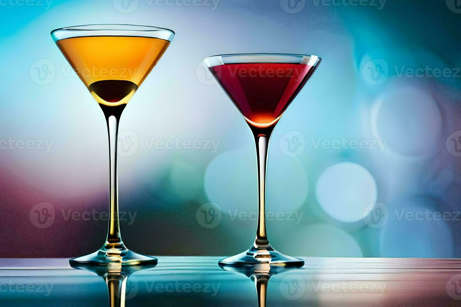 two glasses of different colored cocktails on a table. AI-Generated photo