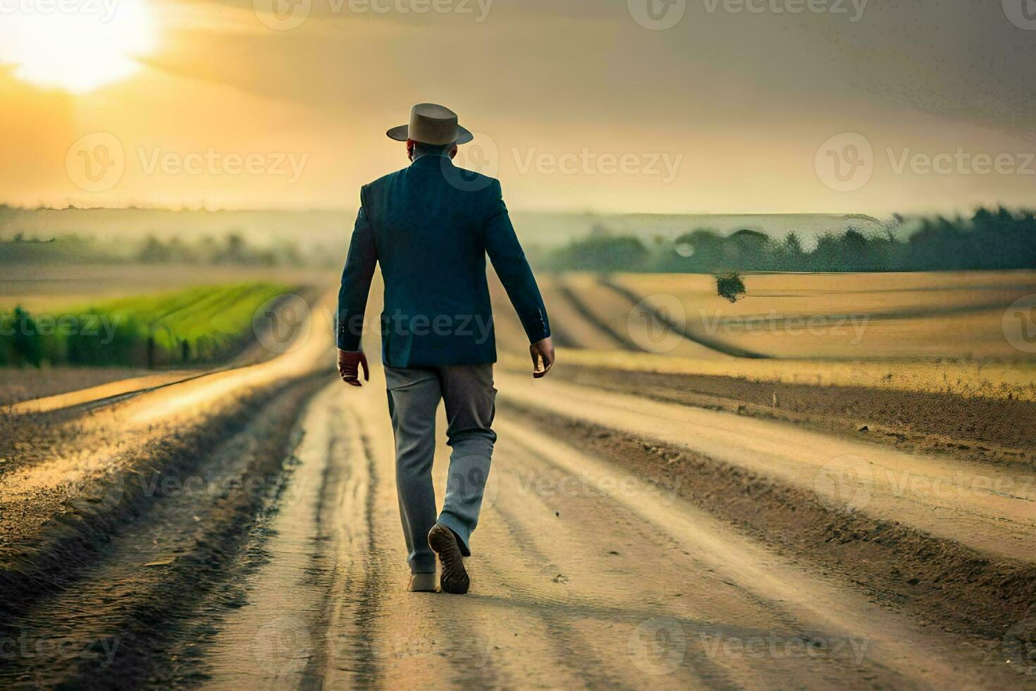 a man in a hat walks down a dirt road. AI-Generated photo