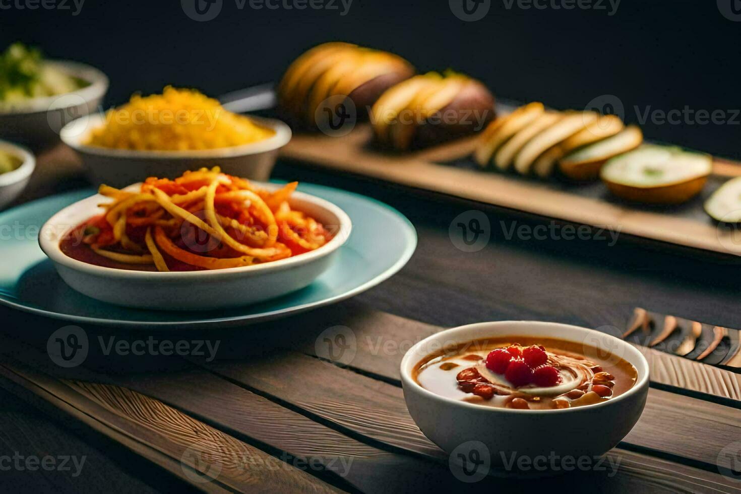 a table with bowls of food and a wooden tray. AI-Generated photo