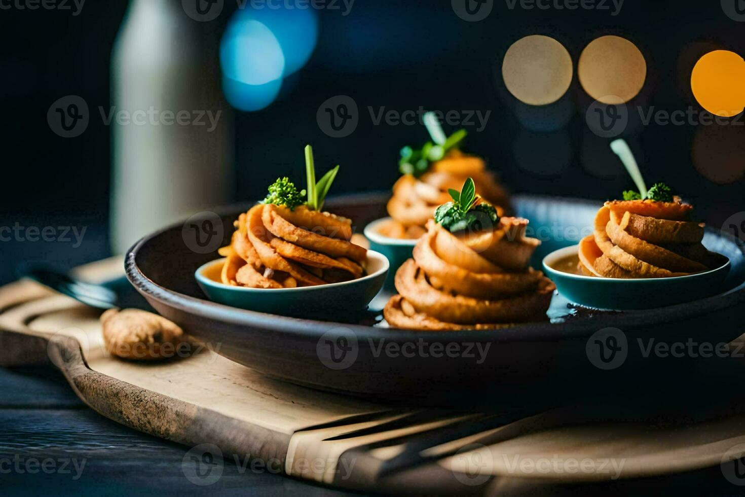 small bowls of food on a wooden table. AI-Generated photo