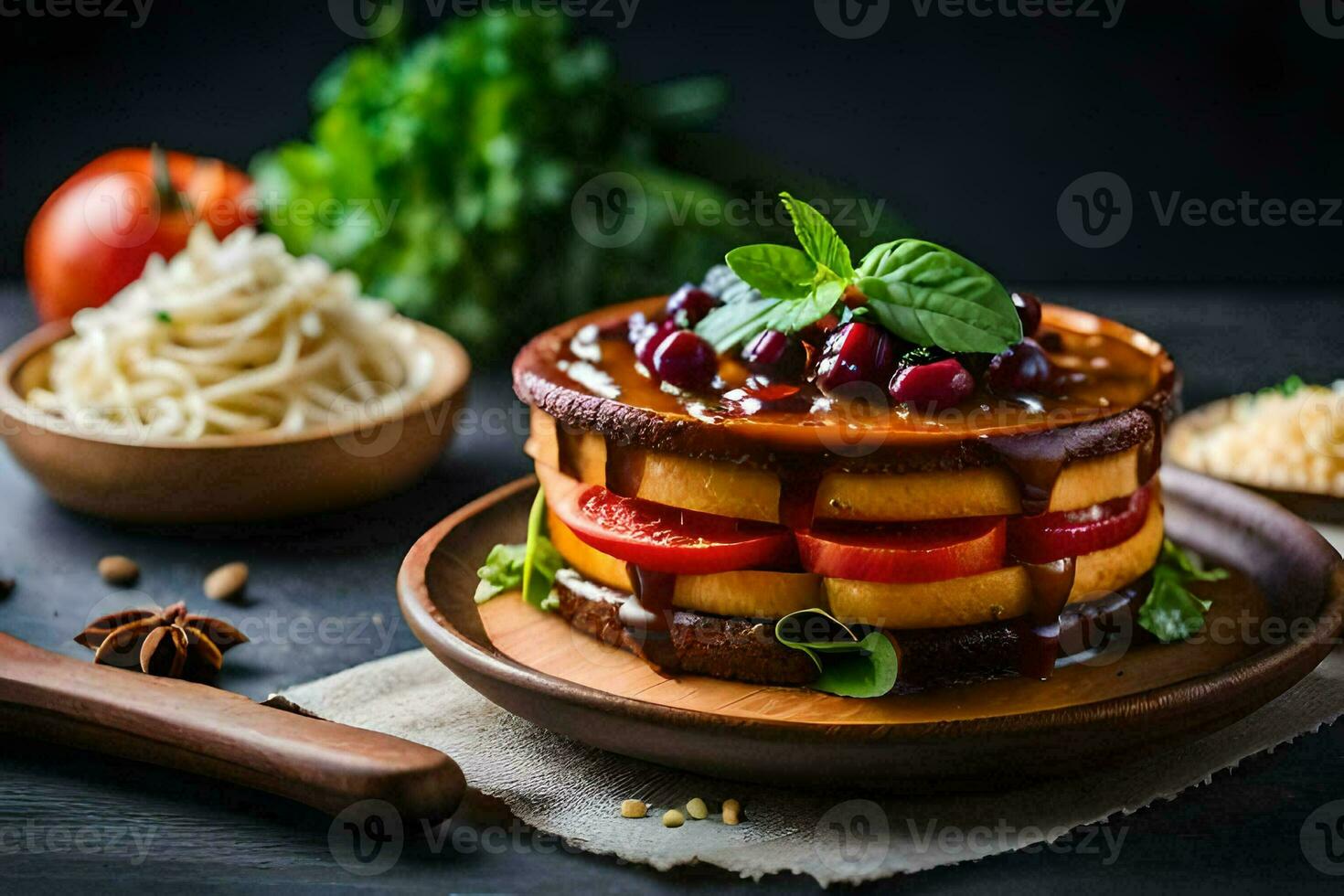 a cake with tomatoes and cheese on top. AI-Generated photo