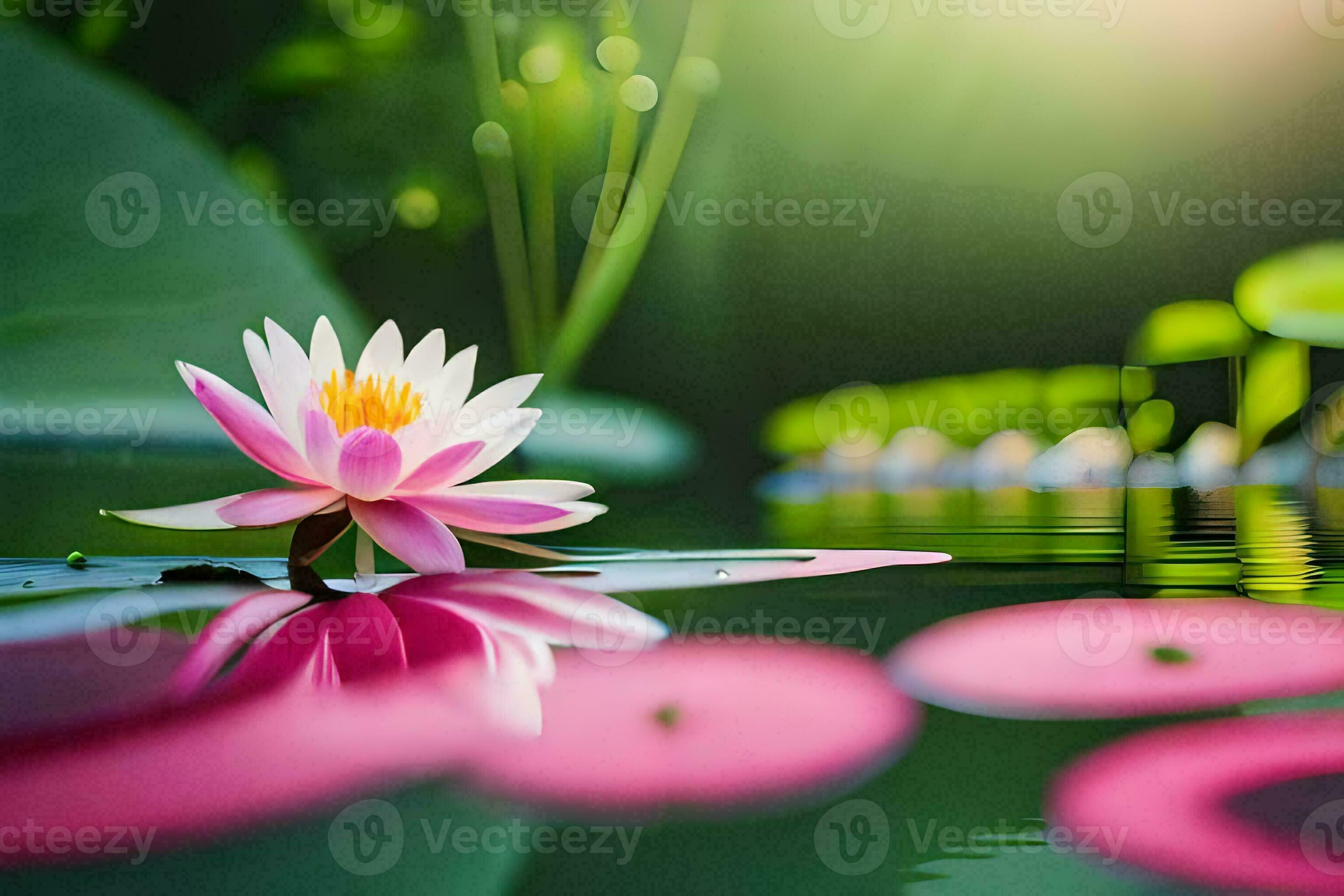 a pink lotus flower floating in a pond. AIGenerated 32276976 Stock