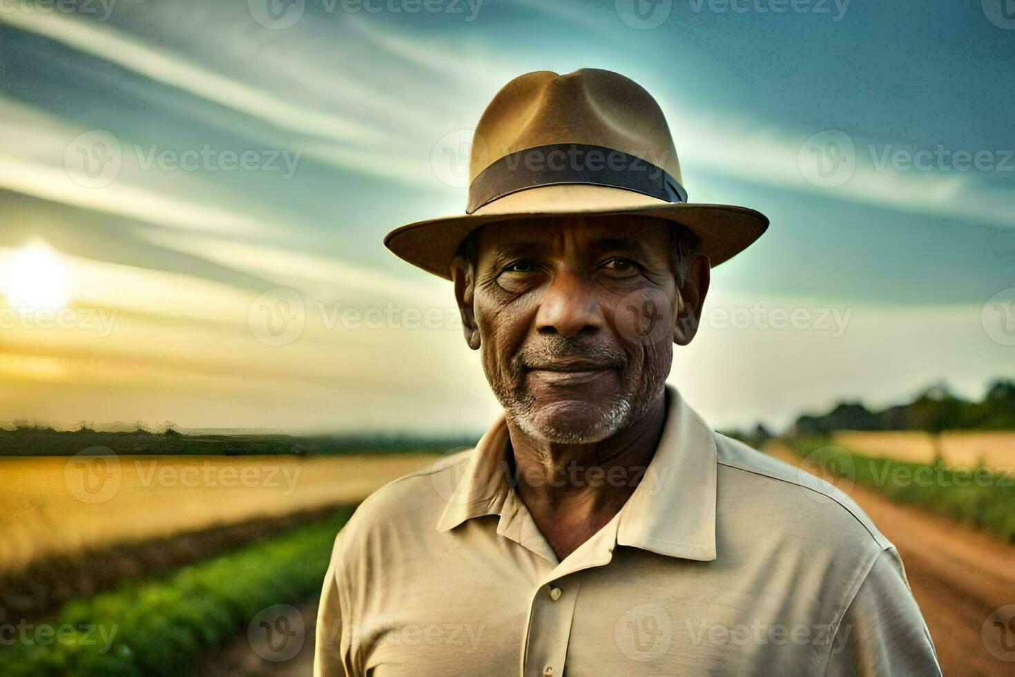 un africano americano hombre en un sombrero en pie en un campo. generado por ai foto