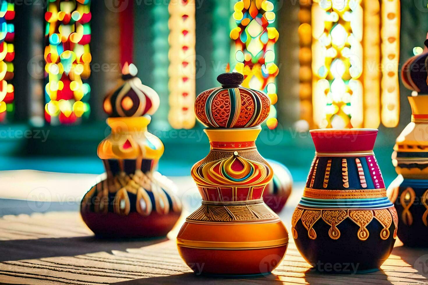 colorful vases are lined up on a wooden floor. AI-Generated photo