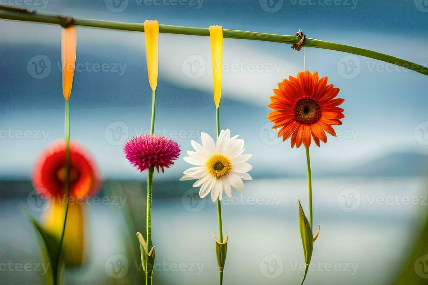 colorful flowers hanging from a string. AI-Generated photo