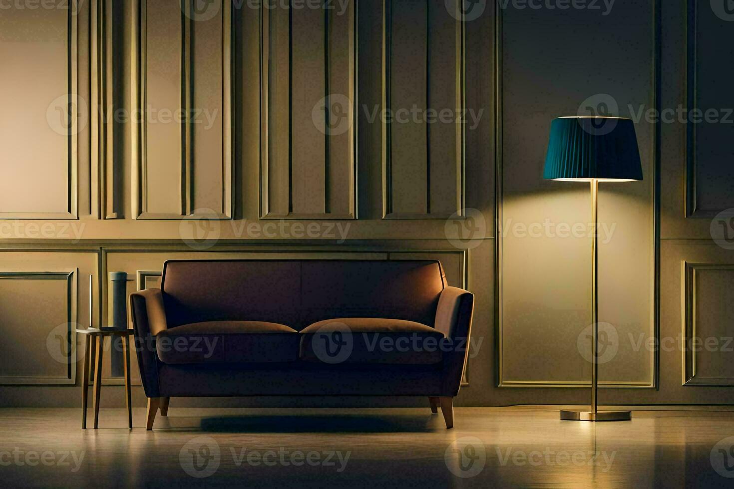 a brown couch and lamp in a room. AI-Generated photo