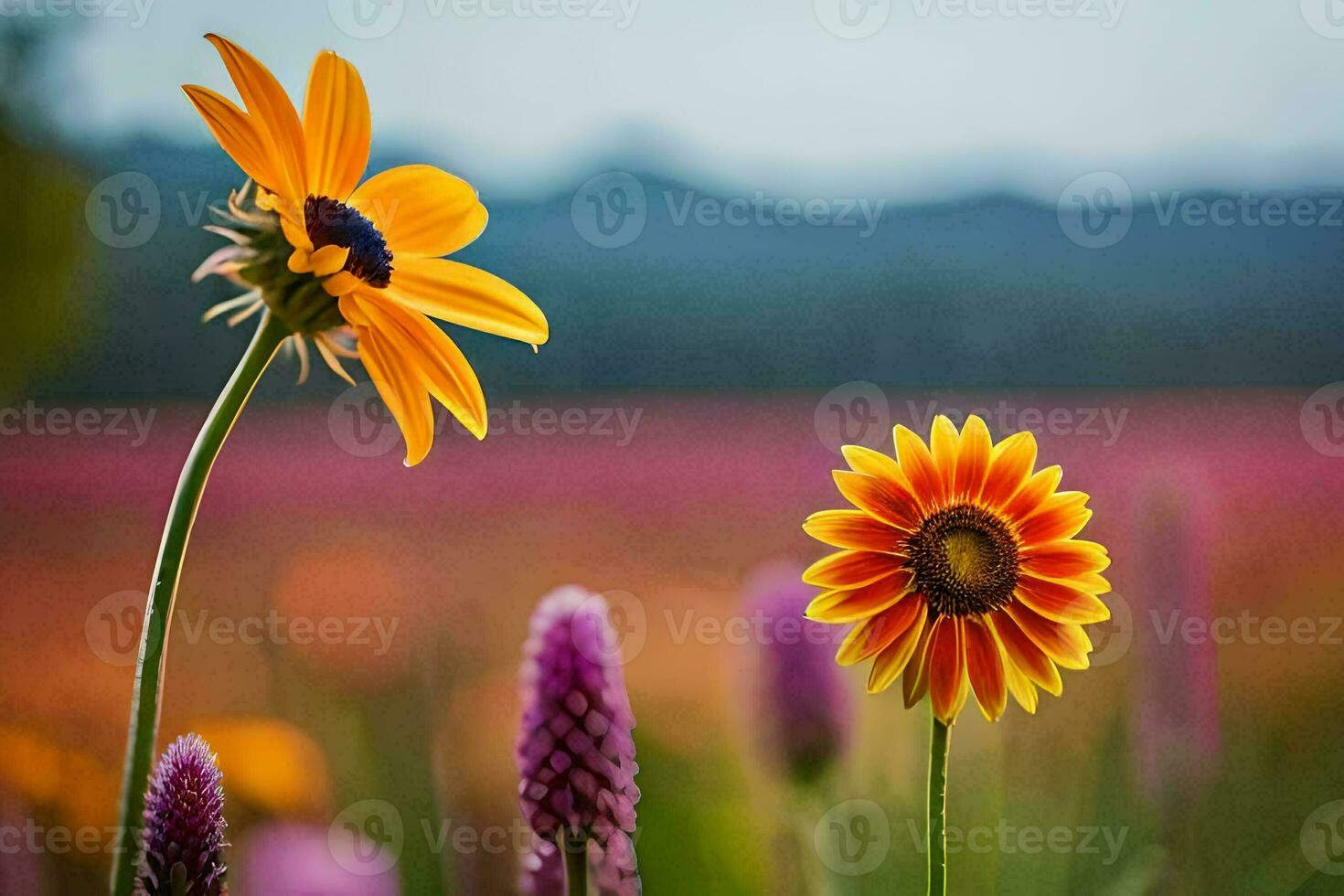 two flowers in a field with a blurry background. AI-Generated photo