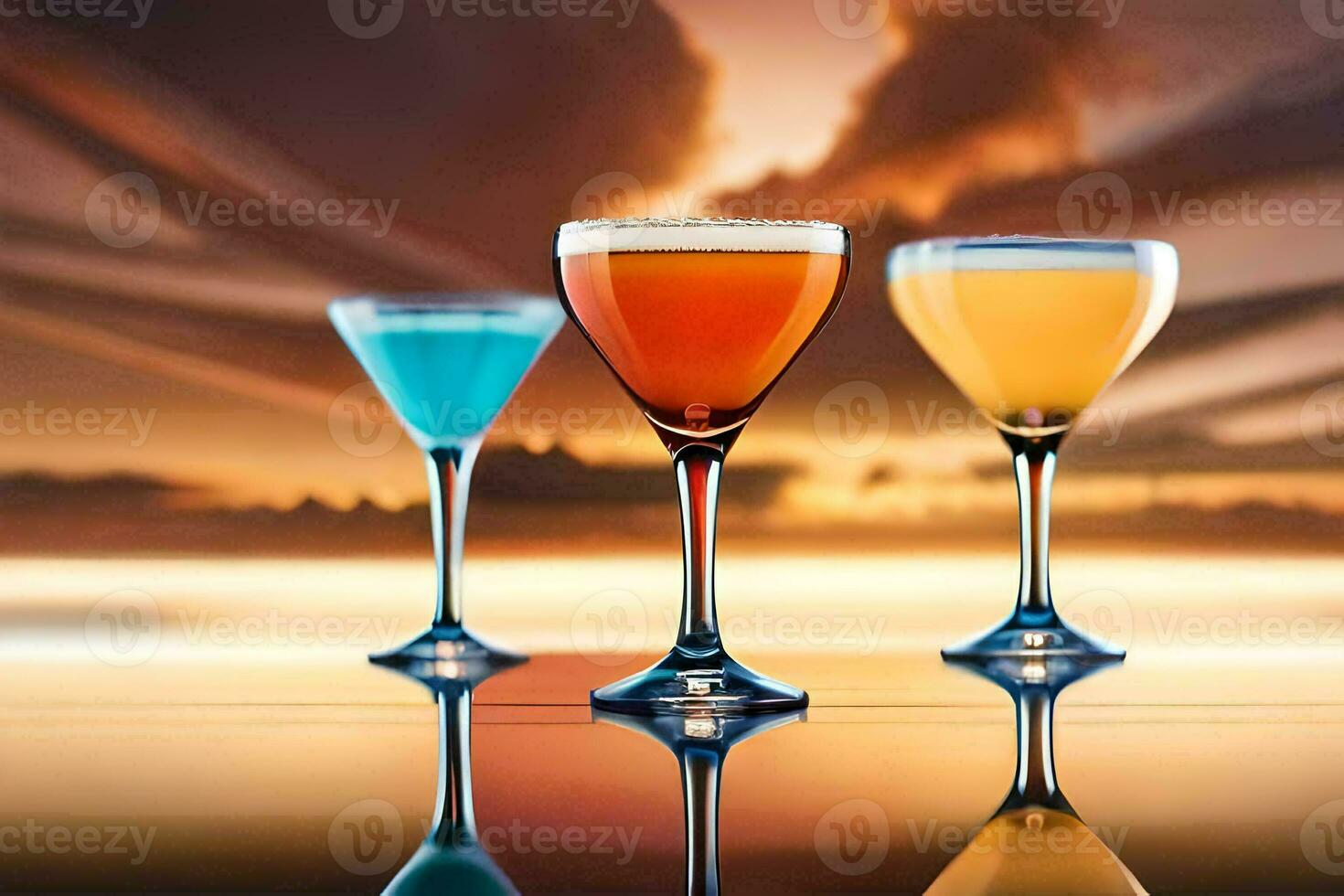 three different colored cocktails are shown on a table. AI-Generated photo