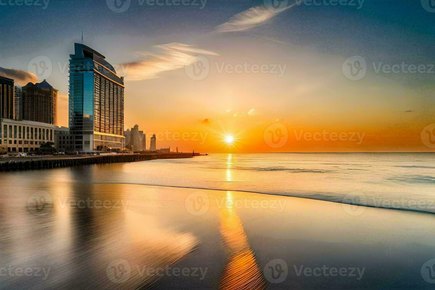 the sun sets over the ocean and buildings in the background. AI-Generated photo