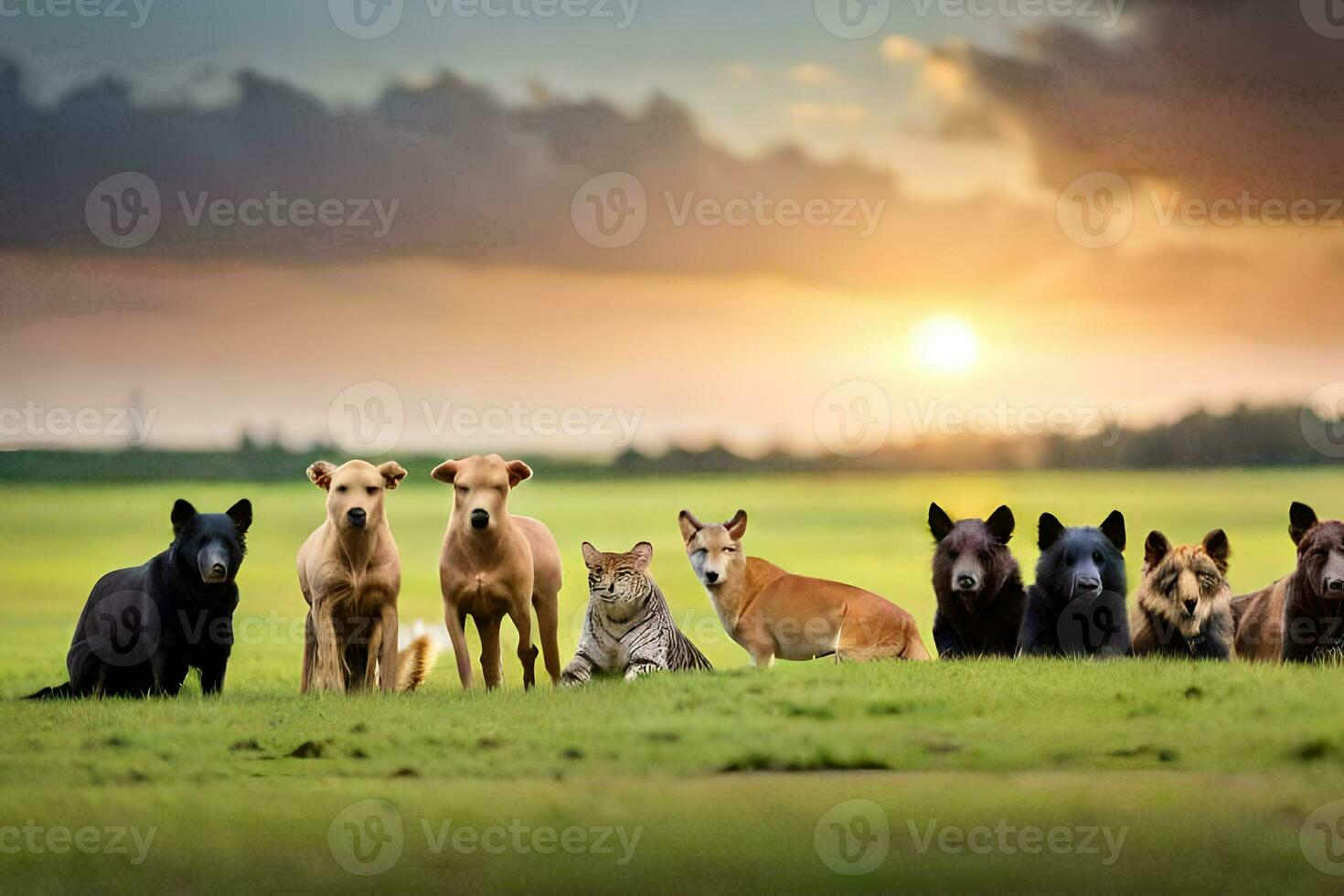 a group of dogs and cats sitting in the grass. AI-Generated photo