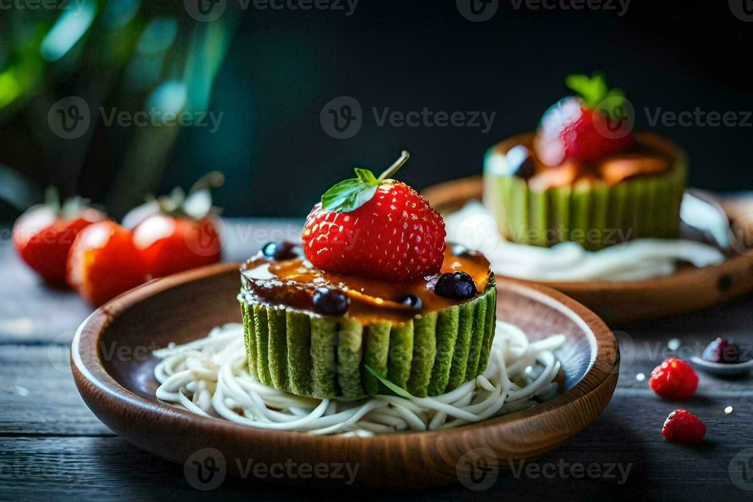 two small cupcakes with strawberries and blueberries on a wooden plate. AI-Generated photo