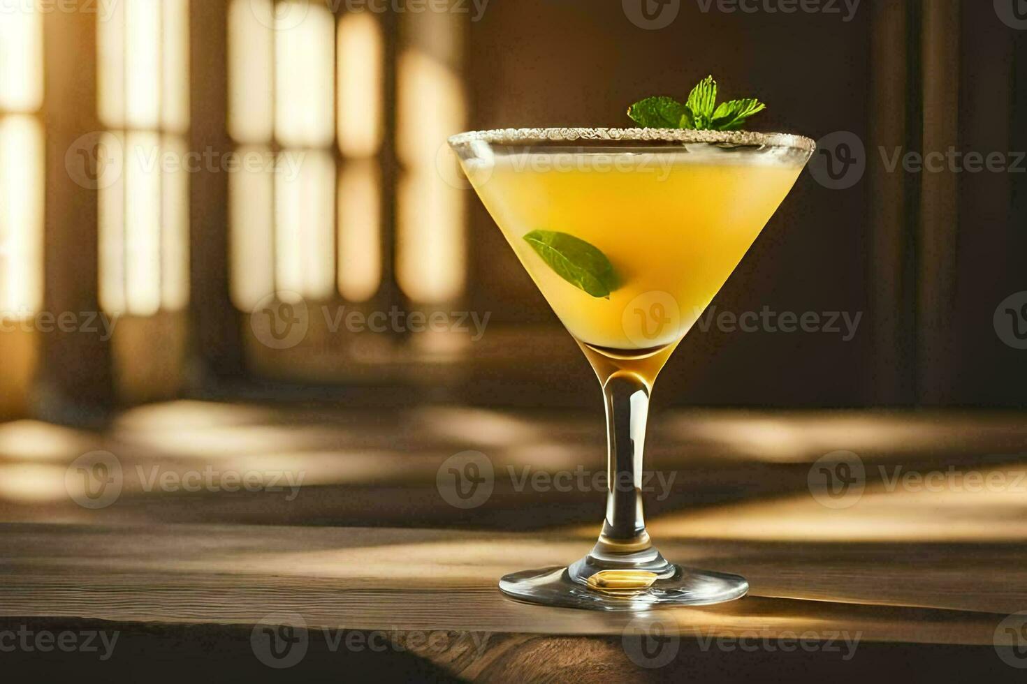 a cocktail with a lemon and mint garnish. AI-Generated photo