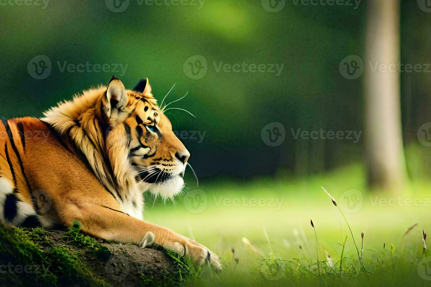 a tiger is sitting on a log in the grass. AI-Generated photo