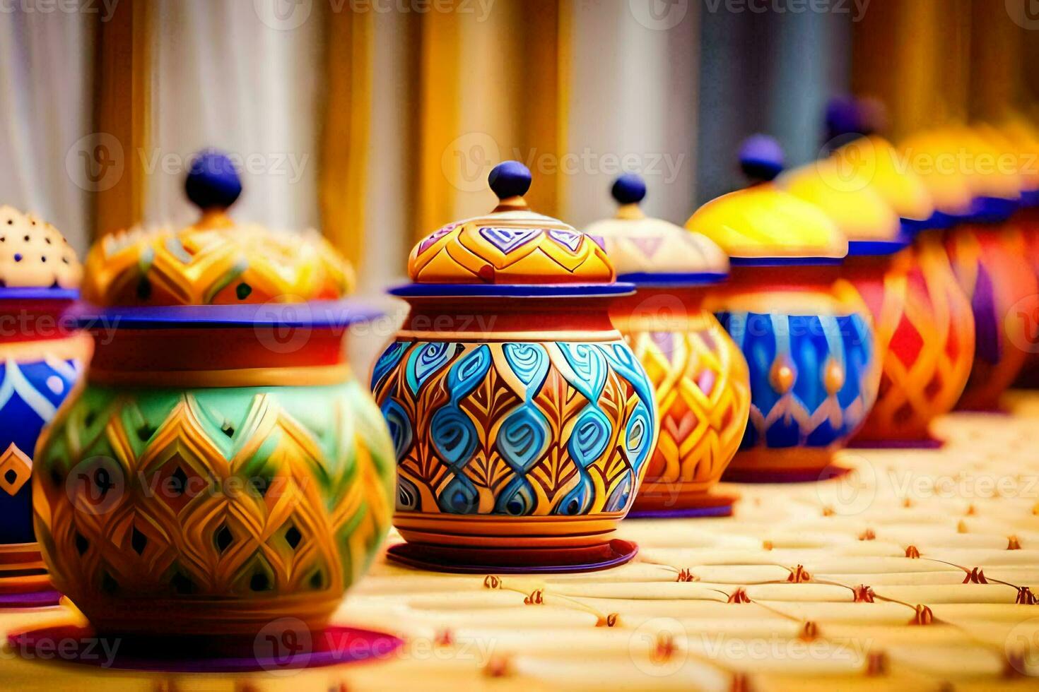colorful ceramic jars lined up on a table. AI-Generated photo