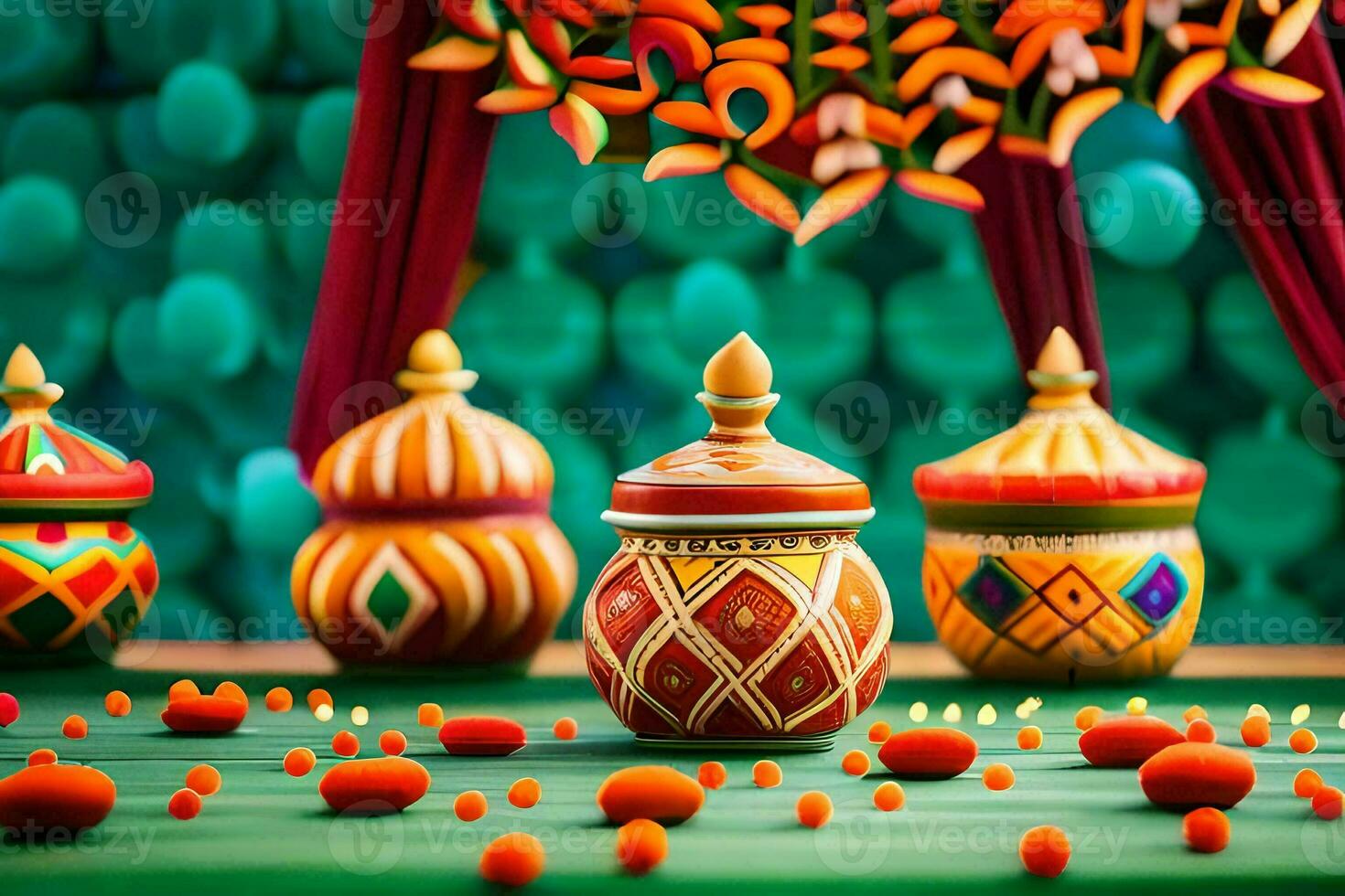 colorful decorative pots and candles on a table. AI-Generated photo