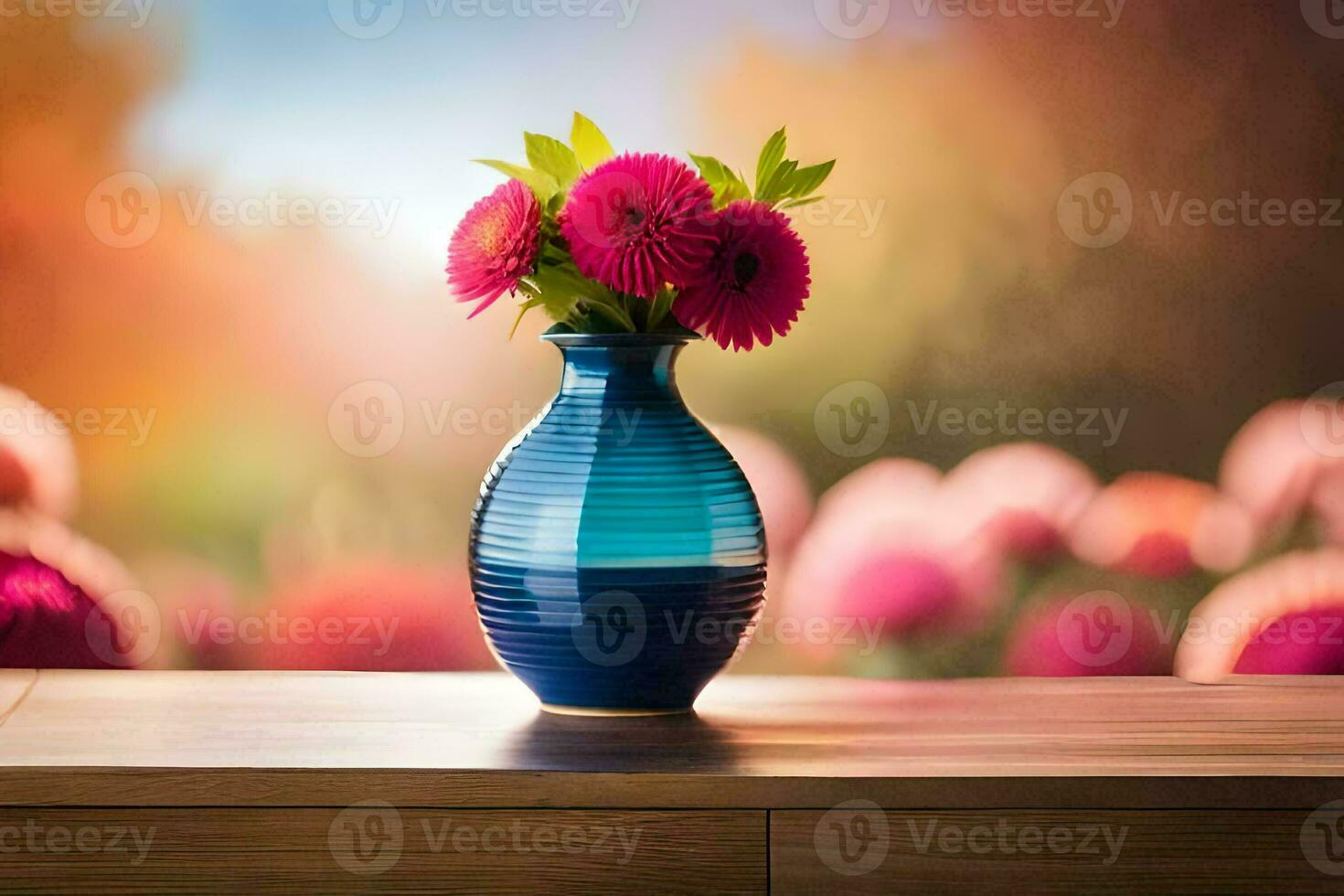 a blue vase with pink flowers on a table. AI-Generated photo